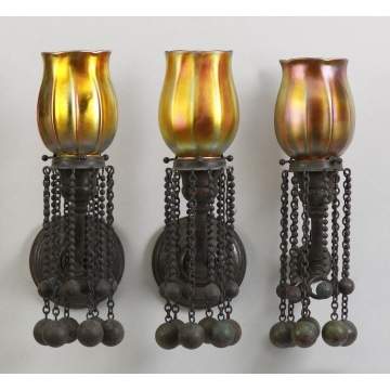 Rare Tiffany Studios Eight Light Bronze & Turtleback Tile Chandelier with 3 Matching Sconces