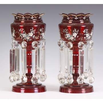 Pair of Cranberry Enameled Lusters