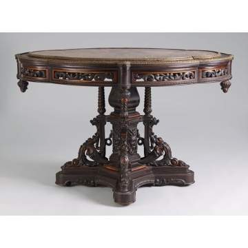Pierce Carved Rosewood & Fossilized Marble Top Table