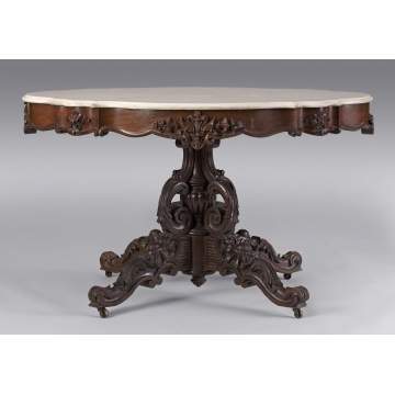 Victorian Carved Rosewood Center Table w/Marble Turtle Top