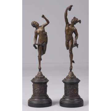 Mercury & Aphrodite Bronze Sculptures on Marble Bases