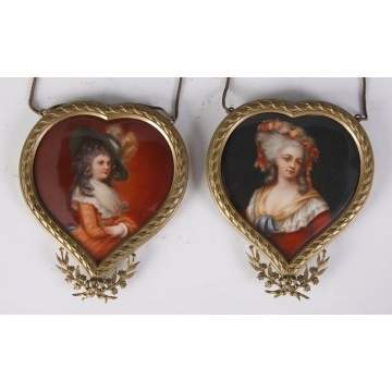 2 Miniatures on Porcelain in Heart Shaped Frames