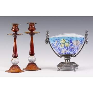 Pairpoint Candlesticks & Art Glass Bowl