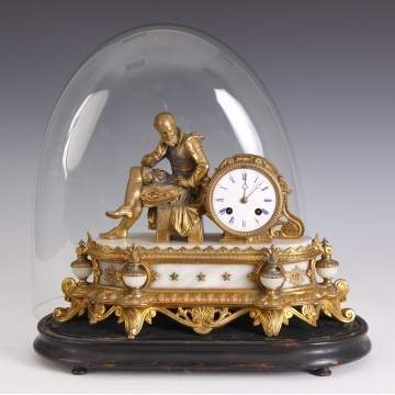 French Patinated Gilt Metal & Onyx Shelf Clock w/Glass Dome