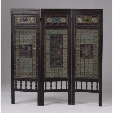 Victorian Ebonized Fire Screen w/Leaded & Stained Glass Panels