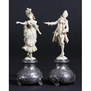 Carved Ivory Figures of Man & Woman on Silver Base