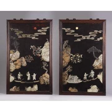 Two Carved & Lacquered Chinese Hardstone Panels