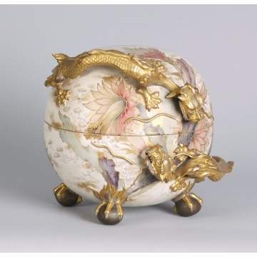 Sgn. Doulton 2 pc. Gilt China Covered Bowl w/Dragons