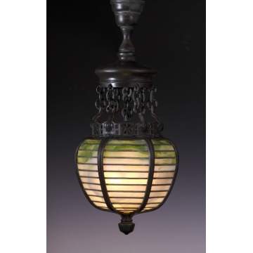 Early Tiffany Studios, NY, Bronze & Leaded Glass Hall Lantern