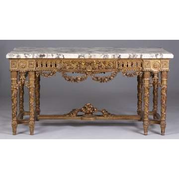 Large French Marble Top Table on Carved Gilt Wood Base