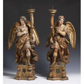 Carved & Polychrome Painted Angel Prickets