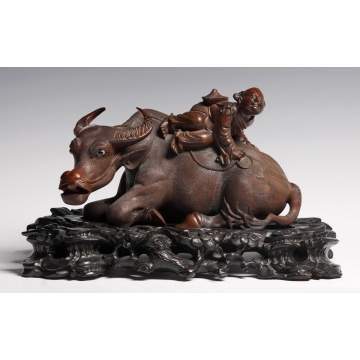 Chinese Carved Teakwood Ox & Figure Sculpture on Carved Base