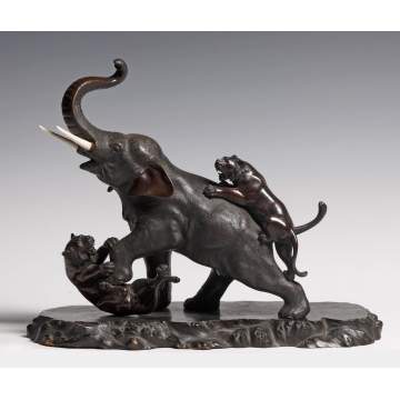 Chinese Bronze Sculpture of Elephant & 2 Tigers