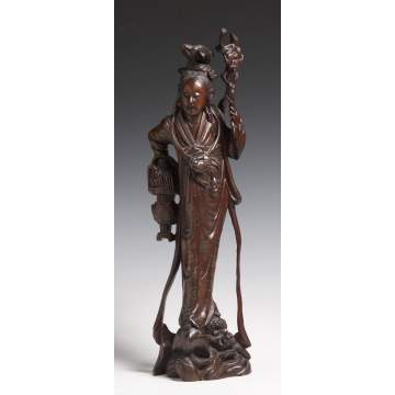 Chinese Carved Guanyin Teak Wood Sculpture of Woman w/Floral Silver Inlay