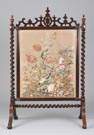 Carved Rosewood Fire Screen w/Needlework floral panel