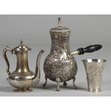 Sterling Chocolate Pot, French Sterling Coffee Pot and Silver Cup w/Floral Repousse