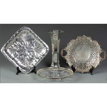 Cut Glass Platter, Sterling Vase and 2 Sterling Trays