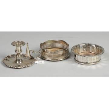Silver wine coasters & candlestick holder