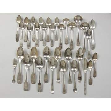  Group of early coin silver tablespoons & teaspoons w/basket motif