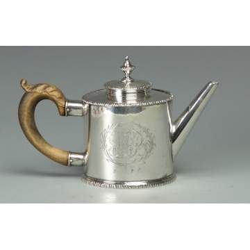 Richard Humphrey's Sterling Silver Drum Shaped Tea Pot, Philadelphia, PA, 18th Cent.