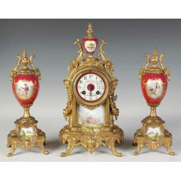 3 Piece French Clock Set w/Porcelain Panels