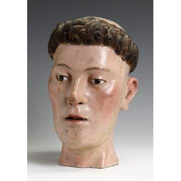 Carved & Polychrome Wooden Head from a Spanish Altar