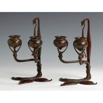 Fine Pair of Bronze Signed Tiffany Studios Two-light Candlesticks NY 1232