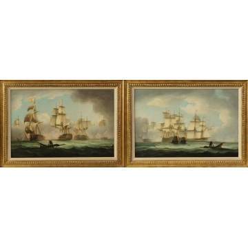 A Pair of Thomas Buttersworth (British, 1768-1842) "English & French Man O' War Ships Engaged in Combat"