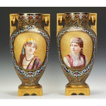 A Large Pair of Coralene & Enameled Portrait Vases