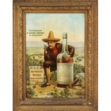 Rare Tin Lithograph Old Forester Whiskey Sign: "Guarding a Good Thing in Arizona"