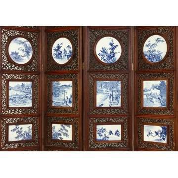 Chinese 8-Panel Screen w/Pierce Carved Hardwood & Porcelain Plaques