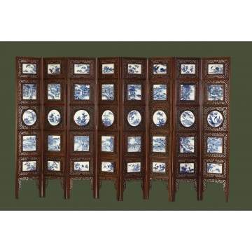Chinese 8-Panel Screen w/Pierce Carved Hardwood & Porcelain Plaques