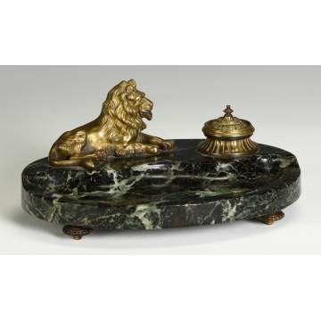 Sgn. Marble & Bronze Inkwell w/Lion