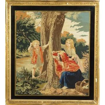 Mid 19th Cent. Needlework of Mother & Children in Landscape
