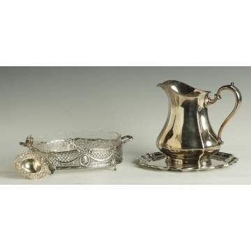 Silver Tea Strainer, Center Dish, Water Pitcher, Tray