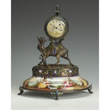 Viennese Silver & Enamel Camel-Form Table Clock