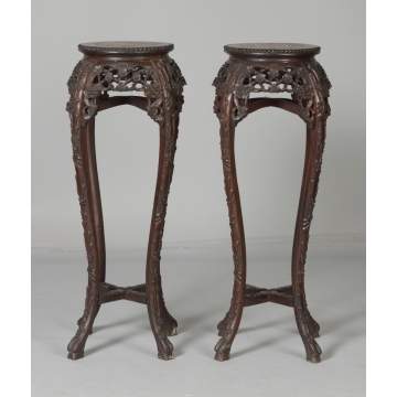 Pair of Chinese Export Carved Teakwood Stands w/Marble Tops