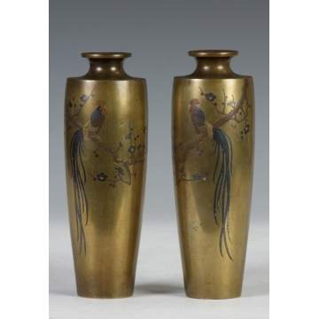 A Signed Pair of Japanese Mixed Metal Vases