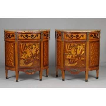 A Pair of French Inlaid Bow Front Marble Top Commodes
