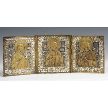 Early Enameled Brass Triptych Icon