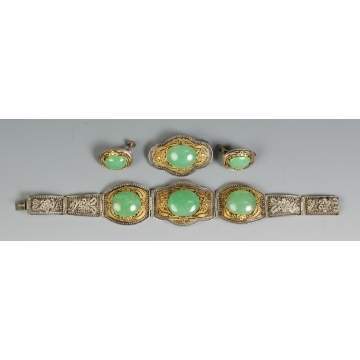 Chinese Silver & Jade Bracelet, Pin & Earrings