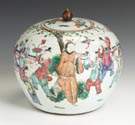 Chinese Famille Porcelain Covered Jar w/Enameled Figures