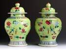 Pair of Chinese Incised & Painted Temple Jars