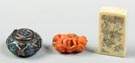 Silver & enameled pill box; carved coral creature; ivory seal.