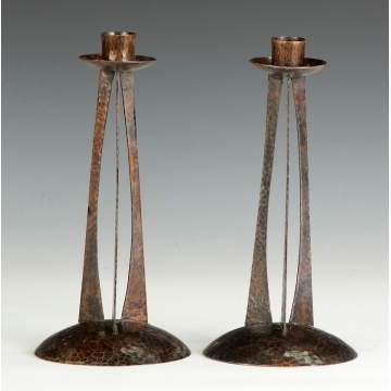 Pair of Roycroft, Unusual Hand Hammered Copper Candlesticks