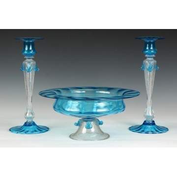 Steuben Celeste Blue & Clear Mica Fleck Glass Compote & Matching Candlesticks