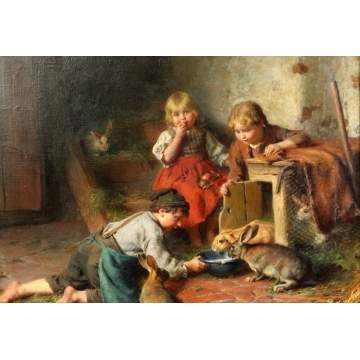 Felix Schleisinger (German, 1833-1910) Children feeding rabbits