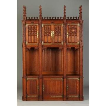Rare American Gothic Carved Oak Side Cabinet, NY