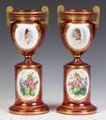 Two Bohemian Cranberry & Gilded Urns