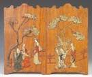 Two Chinese Wood Panels w/Carved Hard Stone